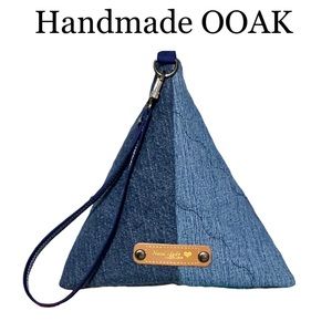 HAND CRAFTED Jean Pyramid Bag Mini Clutch/wristlet, Two Shades of Denim Quilted